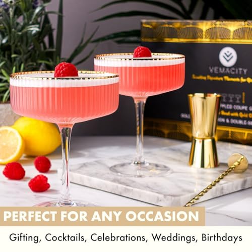 VEMACITY - Ribbed Espresso Martini Glasses Set of 4 with Gold Rims - Vintage Cocktail Glasses for Margaritas, Champagne an...