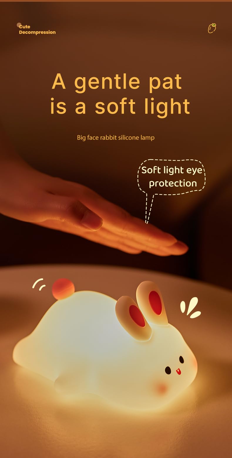 Atsui Rabbit Night Light  Led Squishy Novelty Animal Night Lamp  Food Grade Silicone 3 Level Dimmable Nursery Nightlight For Desk Decor  Funny Gifts Stuff For Boys Girls Baby  White Elephant Gifts