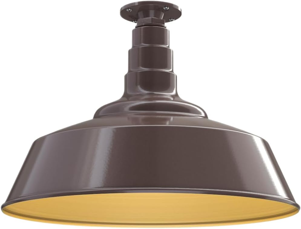 Steel Lighting Co. Manhattan Warehouse Light | Ceiling Mounted Pendant | 20 inch Dome | Flush Mount | Large Steel Barn Light Made in America | Dark Bronze Exterior/Brass Interior