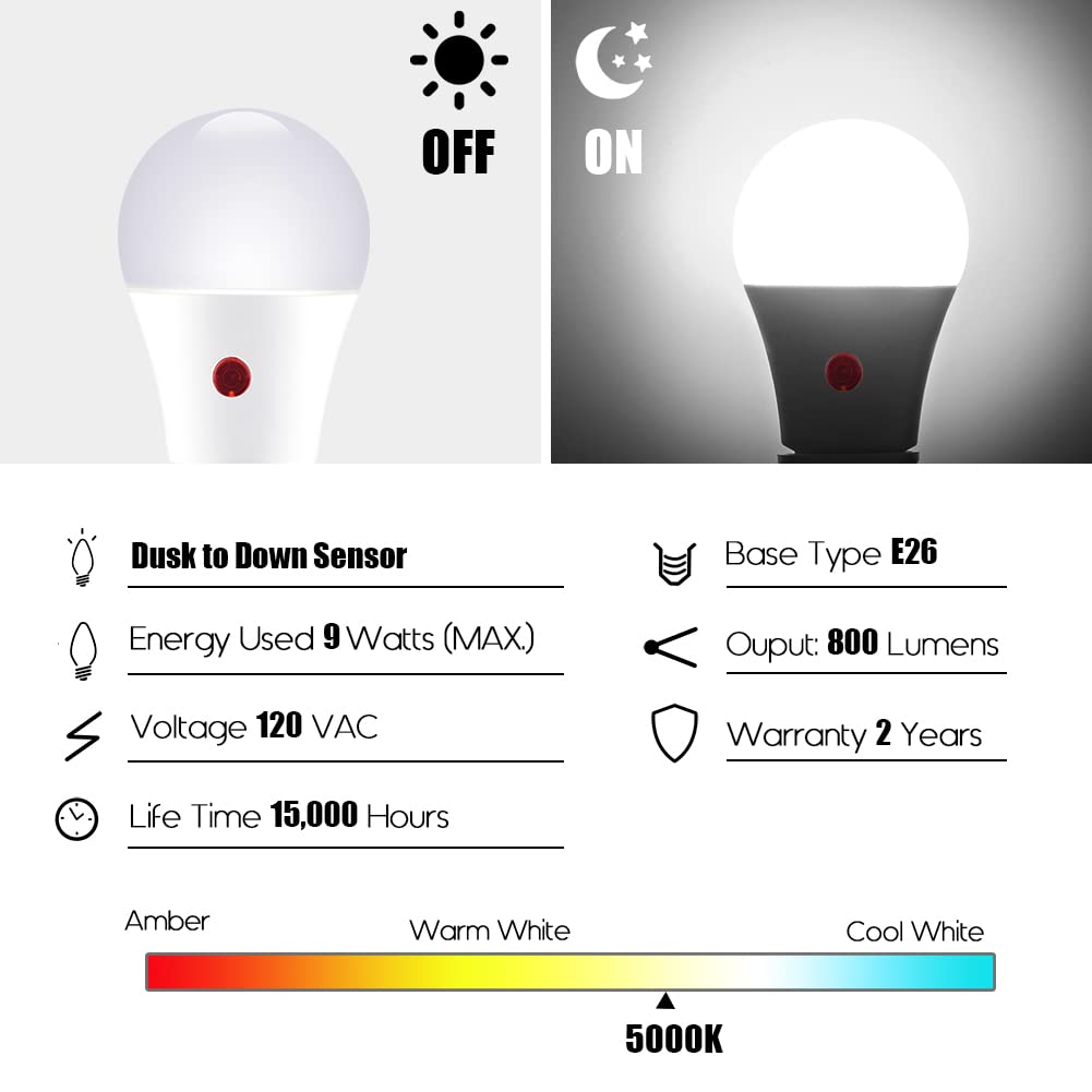 Emotionlite Dusk to Dawn LED Light Bulbs, 60W Equivalent, Neutral White, A19 Size, 9W, E26 Base, 3 Pack