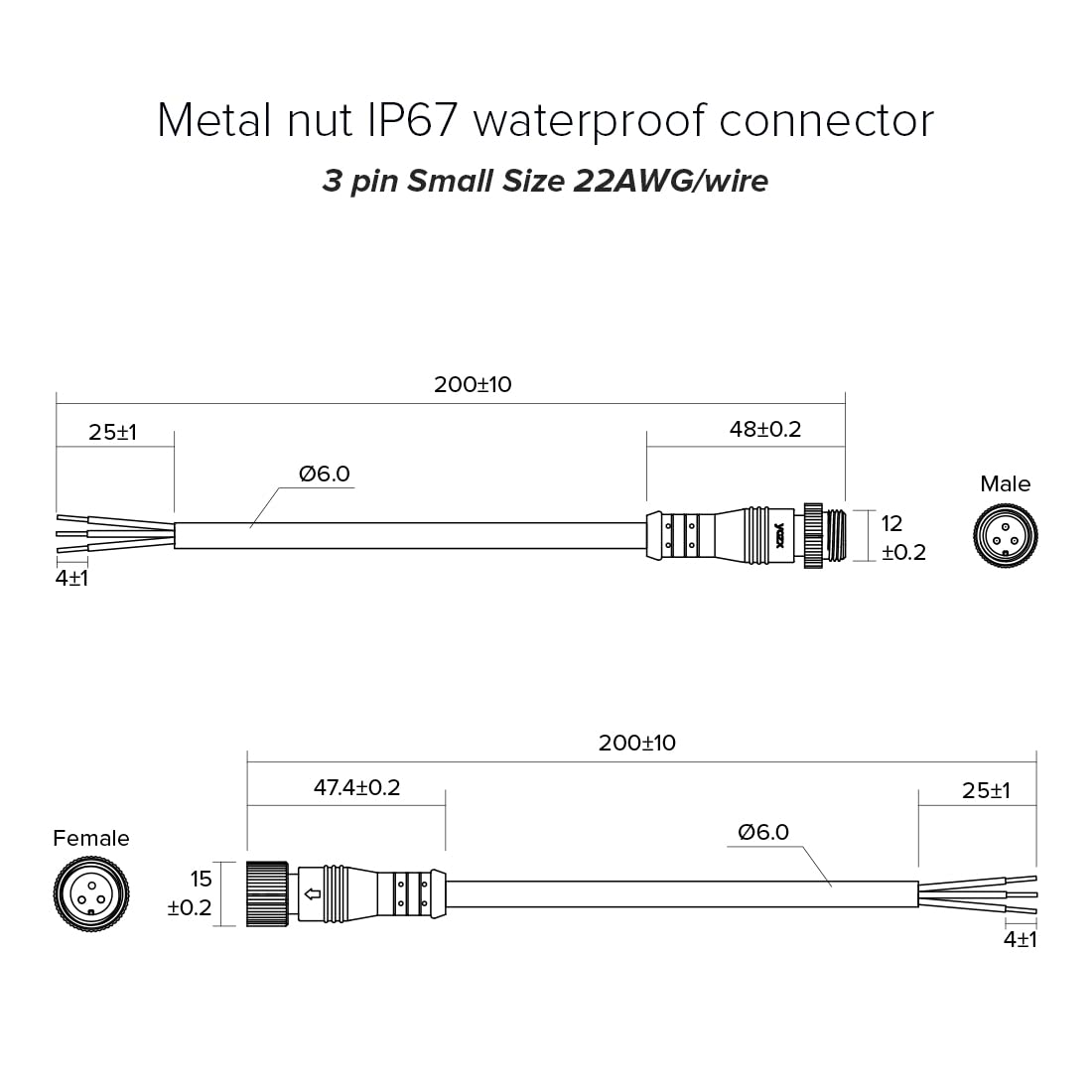 Btf-Lighting 3 Pin Electrical Metal Nut Connector 18Awg Ip68 Male Female Connector 7.87In/20Cm Extension Cable For Car Truck Boat Indoor/Outdoor Led Strip Lights/String 15Mm Metal Nut Small Size