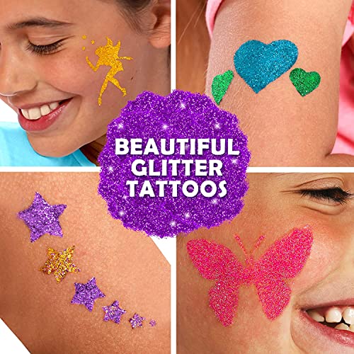 Original Stationery Glitter Tattoo Kit - 33-Piece Multicolor Set, Ages 3-8, 24 Stencils, 6 Color Pots, 2 Brushes & Adhesiv...