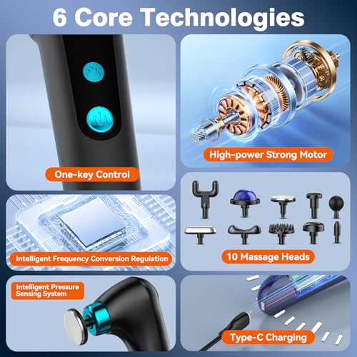 Folding Massage Gun with Heat & Cold Therapy for Women Men, Back & Deep Tissue Massager with 10 Heads, Quiet Rechargeable ...