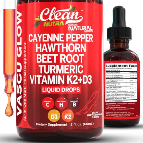 Clean Nutra Cayenne Pepper Drops Supplement Liquid + Hawthorn Berry, Vitamin D3 K2 Beet Root Powder, Ceylon Cinnamon, Turm...