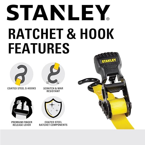STANLEY S1000 Black/Yellow 1" x 10' Ratchet Tie Down Straps - 500 lb Safe Working Load / 1,500 lbs Break Strength, 8 Pack