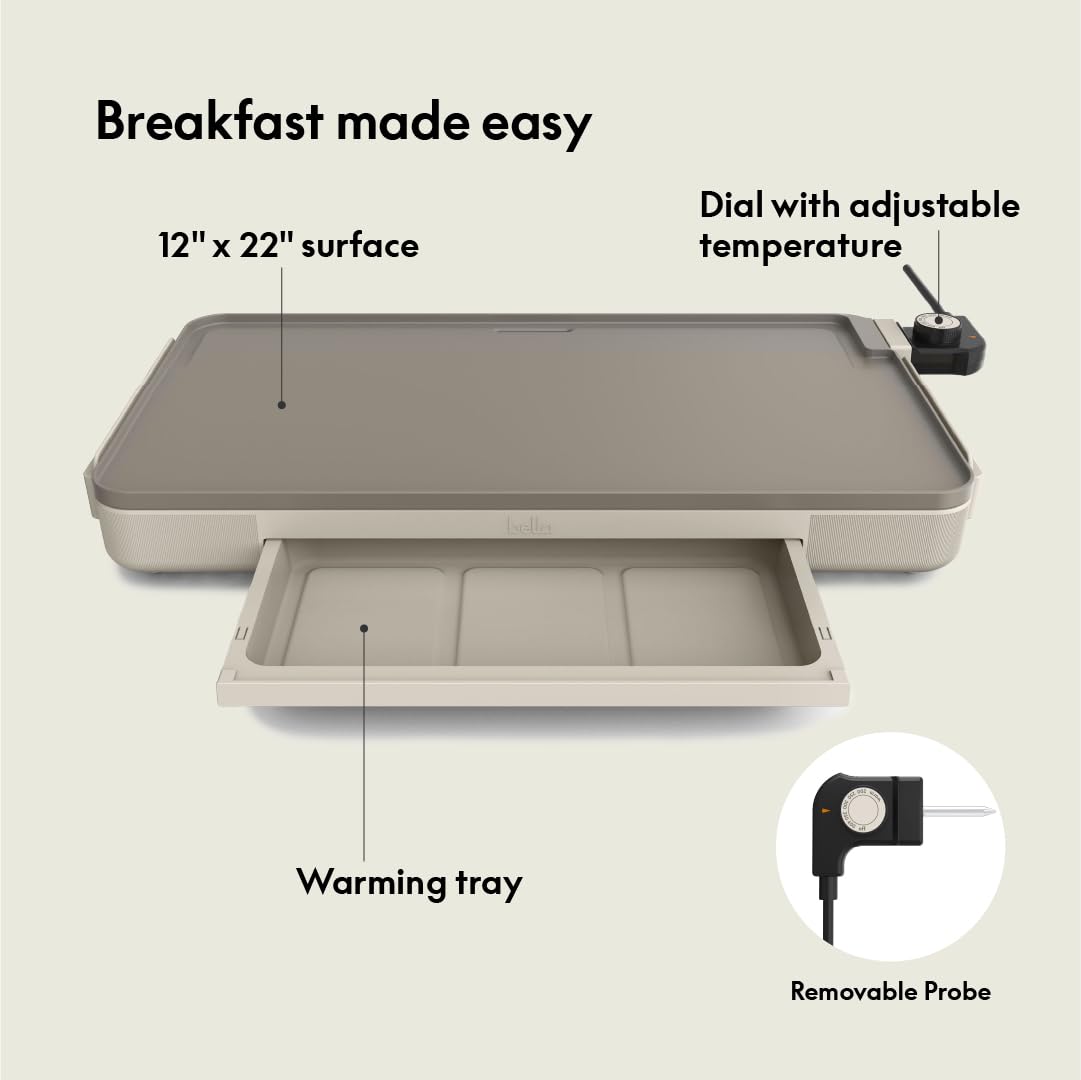 bella 12" x 22" Electric Griddle with Warming Tray, EverGood™ Ceramic Nonstick Coating & Removable Temperature Probe, Dishwasher-Safe Drip Tray & Cool Touch Handles, 1500 Watt, Oatmilk