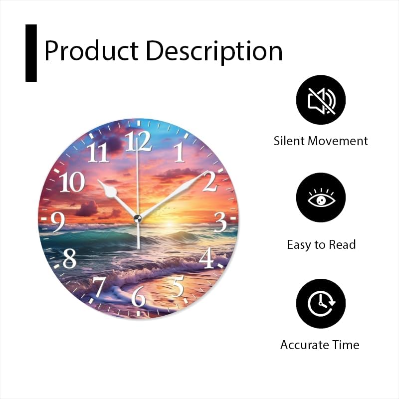 Beach Wall Clock Non-Ticking Silent Clocks Battery Operated Analog Decor Clock for Home-Beautiful Beach Sunset with Colorful Clouds and Waves(16inch)