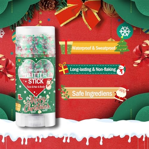Christmas Body Glitter Stick, Red Green and White Face Glitter Accessories, Waterproof Face Hair Glitter Makeup, Christmas...