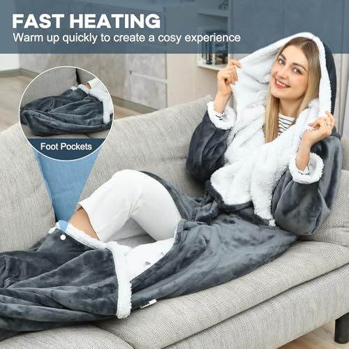 Tagefa Wearable Electric Blankets, Heated Snuggle Blanket, 70"*50" Flannel Sherpa Electric Heating Throw Blanket with Hoo...
