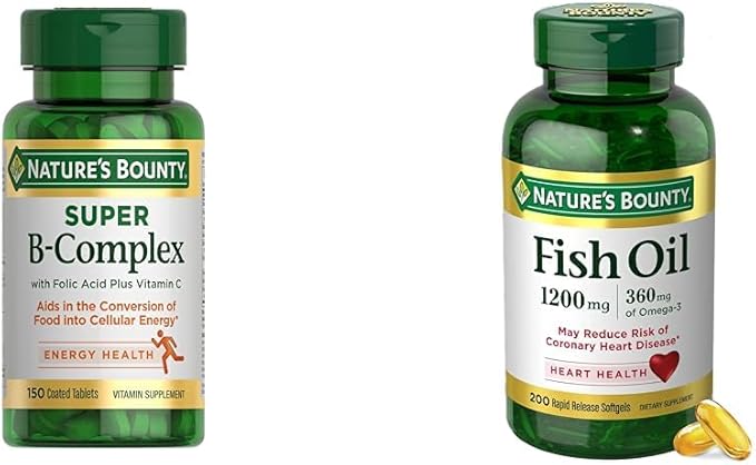 Nature's Bounty Energy & Heart Health Bundle: Super B Complex Vitamins with Vitamin C & Folic Acid (150 count) for Immune & Cellular Support + Fish Oil Omega-3 (1200 Mg, 200 count) for Heart Wellness