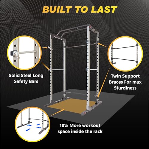 Fitness Reality Power Cage Squat Rack with Optional LAT Pulldown, Cable Crossover, 800 lb Capacity, Multi-Grip Pull-Up Ba...