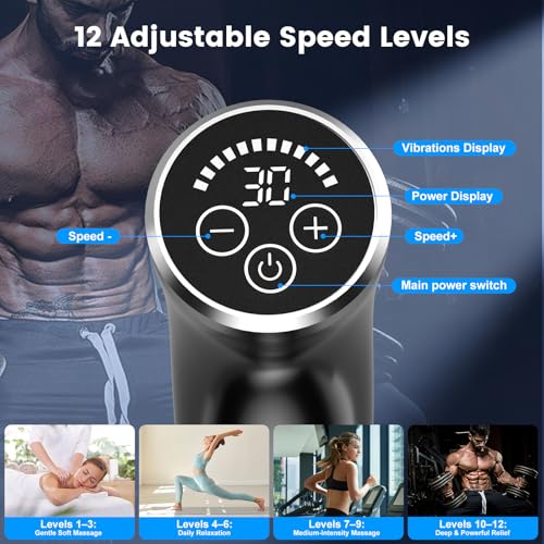 Pudthin Detachable Long Handle Massage Gun for Back Pain Relief, Deep Tissue Percussion Massager with 12 Speed Levels, Han...
