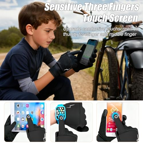 YukiniYa Kids Winter Bike Gloves Warm Water Resistant Anti Slip for Boys Youth 3-15 Years Cycling with Reflective Strip Black