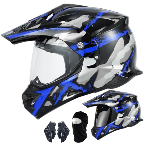Motocross ATV Dirt Bike Off Road Full Face Motorcycle Helmet Dual Sport Casco DOT Approved Dual Visor Gift 1Black Lens&1 H...