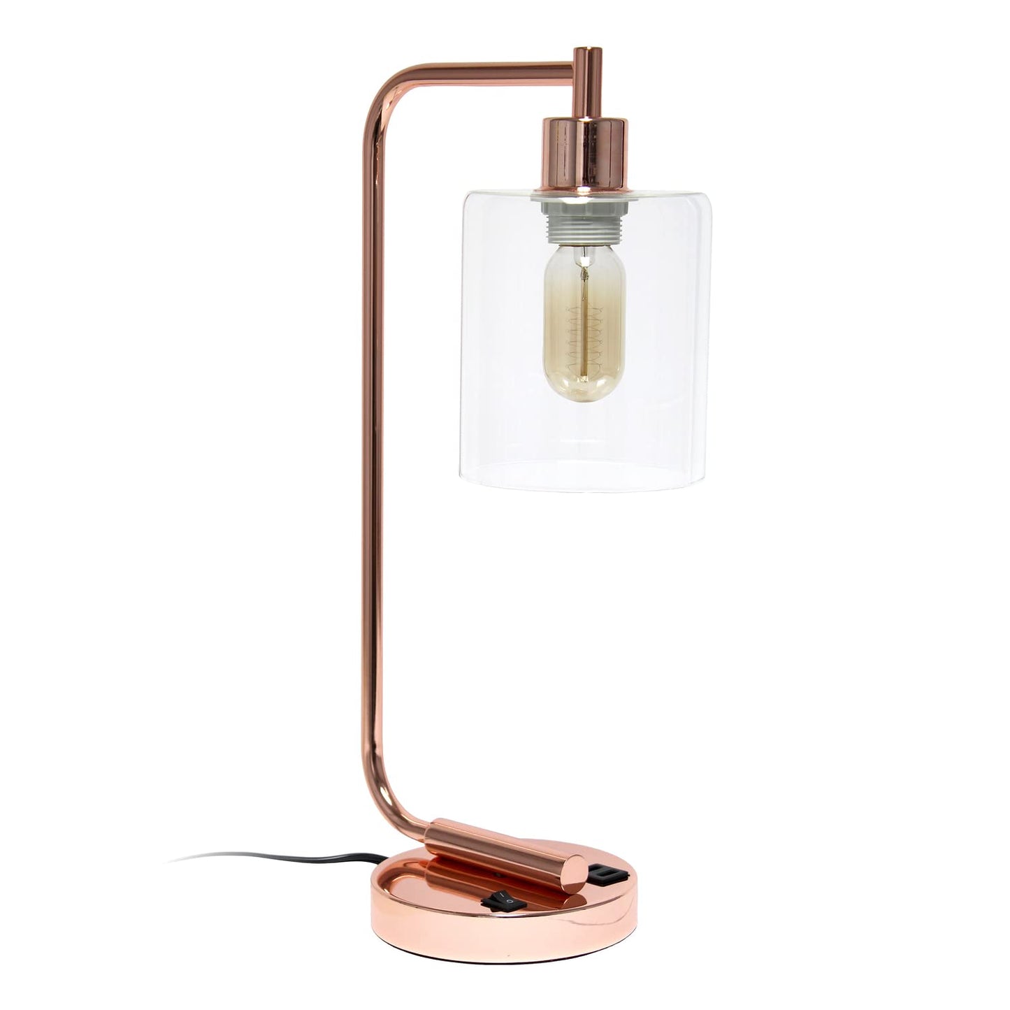 Simple Designs LD1066-RGD Industrial Iron Lantern Desk Lamp with USB Ports, Rose Gold, Glass Shade, USB-No Bulb
