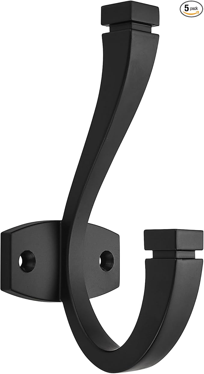 SAILING Coat Hooks - 5 Pack Matte Black Towel Hooks Robe Hooks Decorative Wall Hooks for Bathroom Bedroom Kitchen Towel Robe Clothes Cabinet Closet Bathroom Hardware