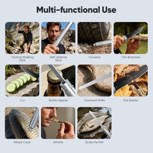 15-in-1 Tactical Walking Stick with Spear & Knife & Flashlight & Thermal Gloves & Anti-Slip Tape, Multitool Survival Hikin...