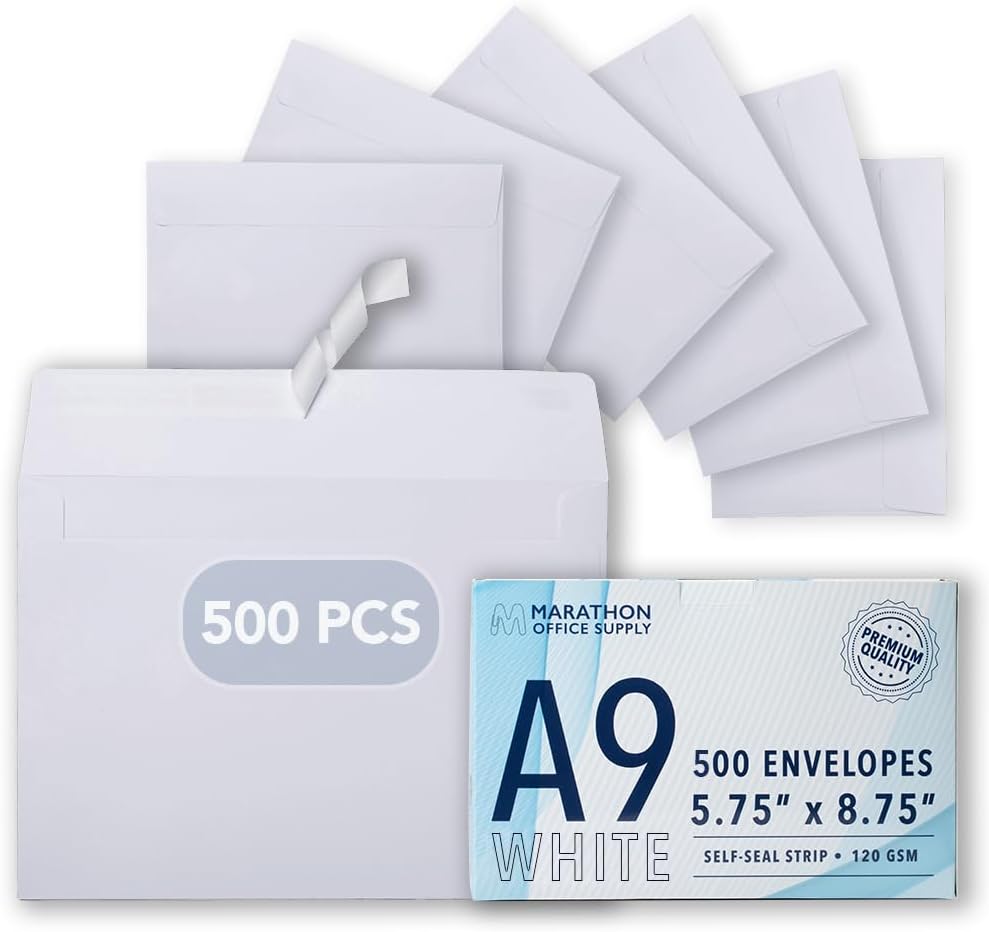 MOS A9 White Envelopes 5.75 x 8.75 Inch 500 Pack — Self-Seal Heavyweight Invitation Envelopes for Greeting Cards, Card Making, RSVP, Wedding Invitations, Business Mailings