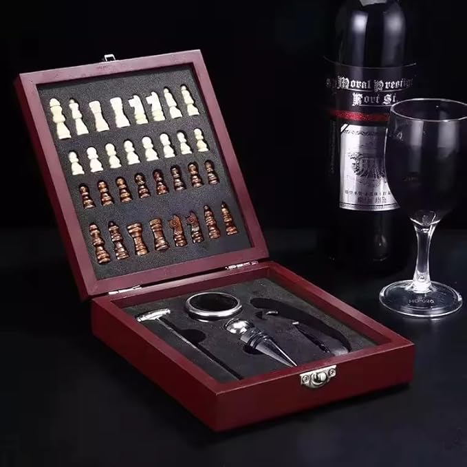 Wine Bottle Opener Tool Set – Chess Board Game – Wooden Box Wine Set – Luxury Wine Accessory Set – Stylish Gift Box – Gift – Gift Idea – Gift for Man – Gift for Friend – Birthday Gift, Brown