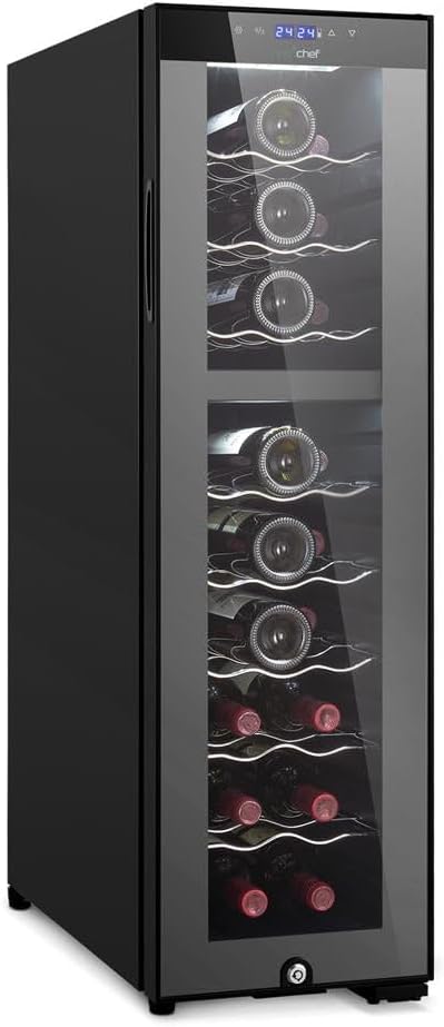 NutriChef 24 Bottle Wine Fridge | Dual Zone Chiller | Adjustable Temperature 41°F to 64°F | Ultra Quiet Operation | Wine Cooler for Home, & Office | FreeStanding 39x11x23 in (Black)