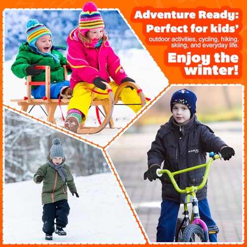 OOPOR Kid Winter Gloves with Grip - Boy Girl Wram Thermal Ski Touch Screen Bike Mittens Black 6-12 Year