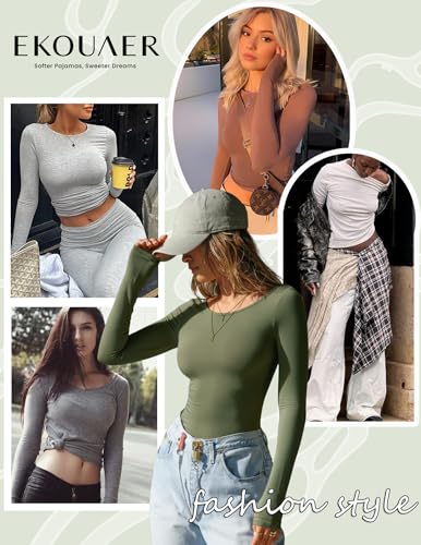 Ekouaer Long Sleeve Shirts for Women 3 Pack Scoop Neck Fitted Tops Thermal Undershirt Stretch Base Layer Soft Tee XS-XXL