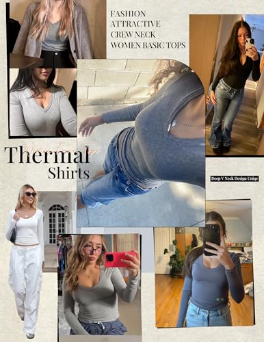 EKOUAER Deep V Neck Shirts for Women Long Sleeve Thermal Tops Slim Fit Lightweight Undershirts Soft Low Cut Tees XS-XXL