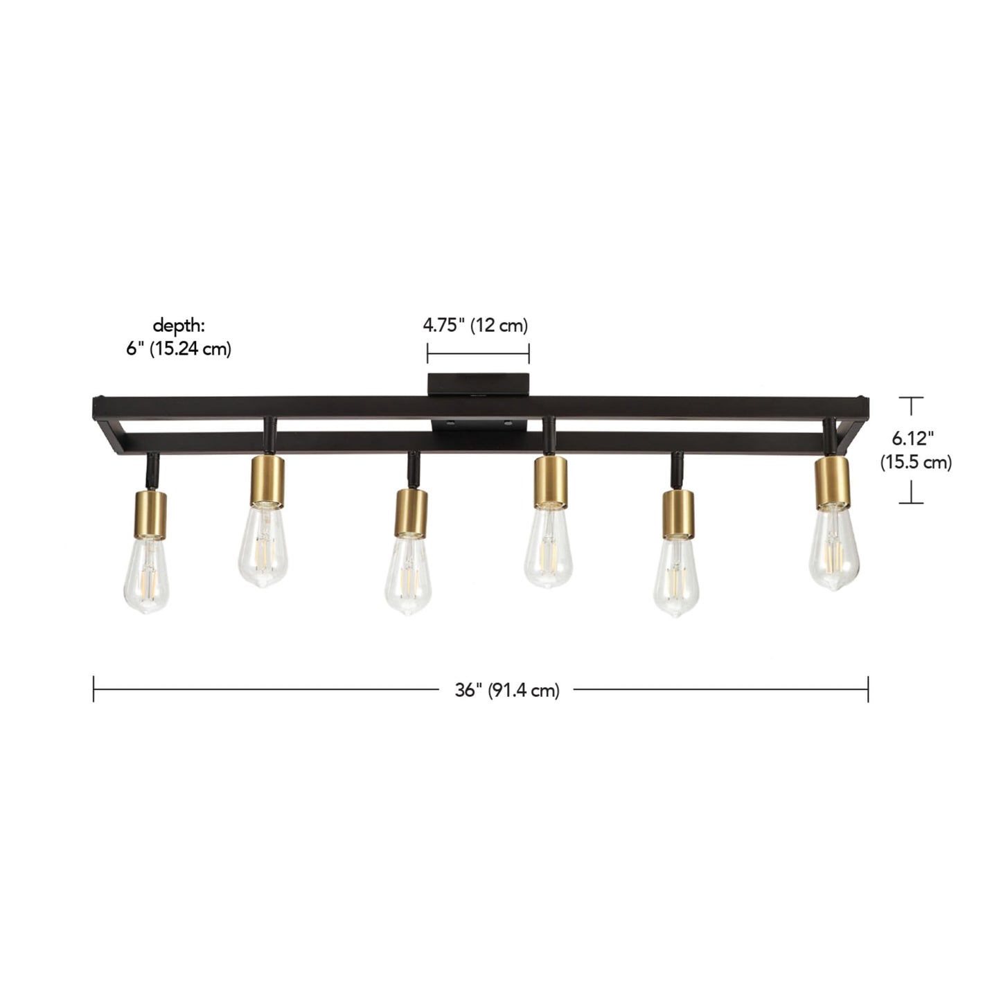 GLOBE Electric 64000096 36" 6-Light Track Lighting, Matte Black, Brass Sockets, Adjustable Pivoting Heads, Ceiling Light Fixture for Kitchen Island, Hallway, or Dining Room, Modern Farmhouse Lights