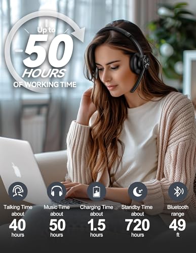 TECKNET Wireless Headset, Bluetooth Headset with Noise Cancelling Microphone - Rechargeable Bluetooth V5.2 Headphones, 50H...