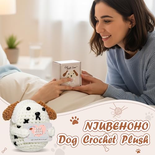 Crochet Get Well Puppy Gift - Handmade Dog Positive Pug Crochet Animal with Box Mesh Bag for Women Men Adult Emotional Ins...