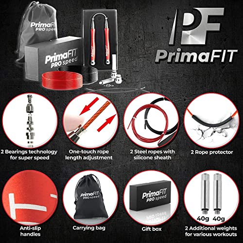 PrimaFIT Jump Rope Pro Speed Skipping Rope Adjustable Adult Jumping Rope Weighted Aluminium Handles for Double Dutch Boxin...