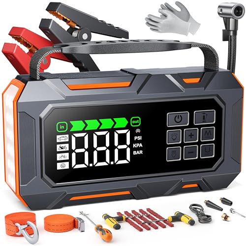 Portable Jump Starter with Air Compressor 8000A 160PSI, 16-in-1 Car Battery Jump Starter with Emergency Kit, Auto-Shutoff ...