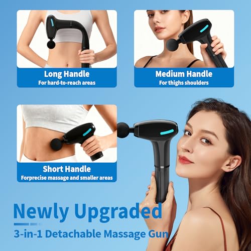 Binxalin 3-in-1 Detachable Massage Gun with Extension Handle, Long Handle Back Massager Deep Tissue, 4 Heads, 4 Speeds, Pr...