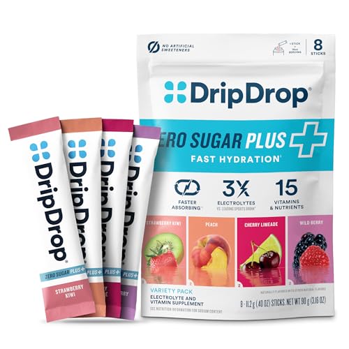 DripDrop Zero Sugar Plus - Sugar Free Hydration Packets - Single Serve Electrolytes Powder Drink Mix - Strawberry Kiwi, Pe...