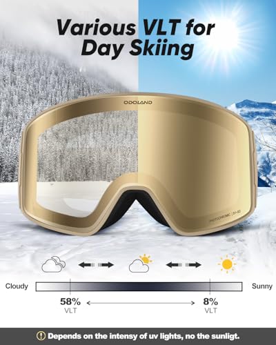 Odoland Photochromic Ski Goggles for Men Women Adult, Snow Snowboard Goggles with Pattern Strap for All Day Skiing Sports