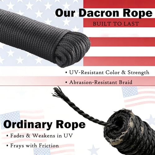 ANMOFLY Black Dacron Polyester Rope 1/8 Inch 100ft,High Density UV Resistant Braided Cord,Professional Grade for Marine,Ca...