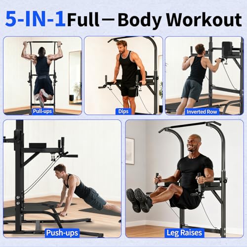 Pull Up Bar Power Tower Dip Station, Adjustable Strength Training Equipment for Home Gym Workout, Multi-Function Pull Up a...