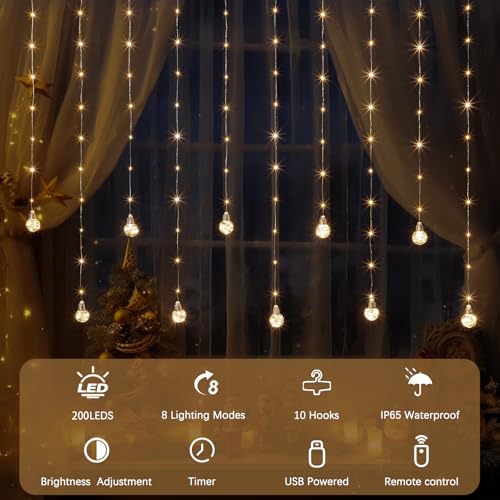Minetom 200 LED Curtain Fairy Lights - 9.8 FT Wishing Ball Window Hanging Lights with Remote, USB Powered Waterproof for C...