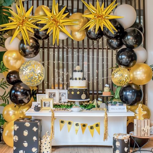 RUBFAC 140pcs Black and Gold Balloons, Black Metallic Gold Confetti Star Latex Balloons 5 10 12 18 Inch for 2026 New Year ...