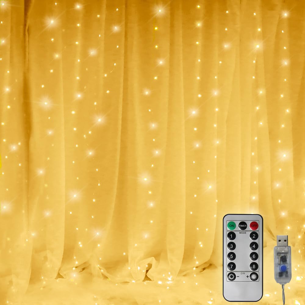 Vicila Curtain Lights 300 LED String Lights USB Powered 8 Modes Timer Remote Dimmable Copper 9.8ft x 9.8ft Warm White