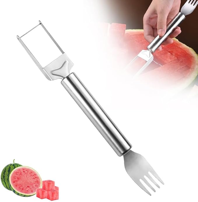 Kruggo Upgraded 2-in-1 Stainless Steel Fruit Cutter, 2024 New Watermelon Fork Slicer Cutter Slicer Tool, Dual Head Fruit Forks Slicer Knife with Round Handle (1 PCS)