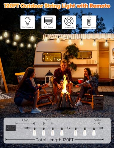 Brightever 120FT LED Outdoor String Lights with Remote, Patio Lights Outdoor Waterproof with 36+2 Shatterproof ST38 LED Bu...