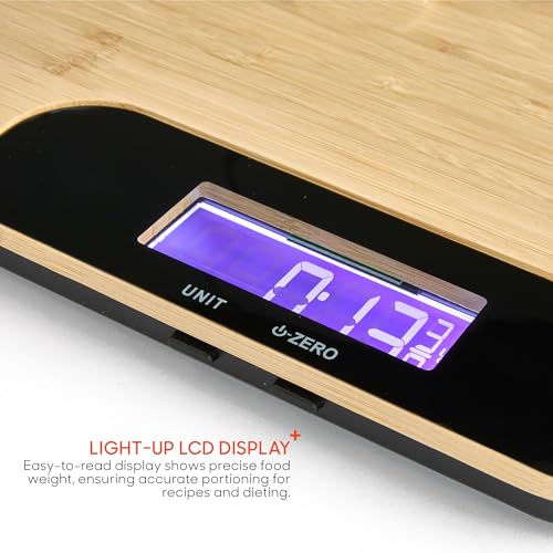 Sharper Image Bamboo Cutting Board & Digital Food Scale, 33 lb Capacity, Measures Grams & Ounces, Multi-Functional for Foo...