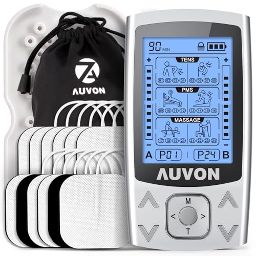 AUVON Dual Channel TENS EMS Unit 24 Modes Muscle Stimulator for Pain Relief, Rechargeable TENS Machine Massager with 12 Pa...