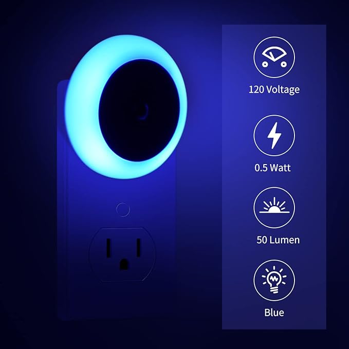 KINUR 6 Pack Blue, LED Night Lights Plug into Wall with Dusk to Dawn sensors, Plug in Night Lights for Kids Room, Bedroom, Bathroom, Baby Nursery,Stair Lights, Hallway Light