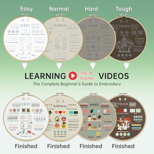 CYANFOUR Embroidery Kit for Beginners, 4 Stages to Learn 38 Stitches, with Step-by-Step Instructions and Clear Videos, Inc...