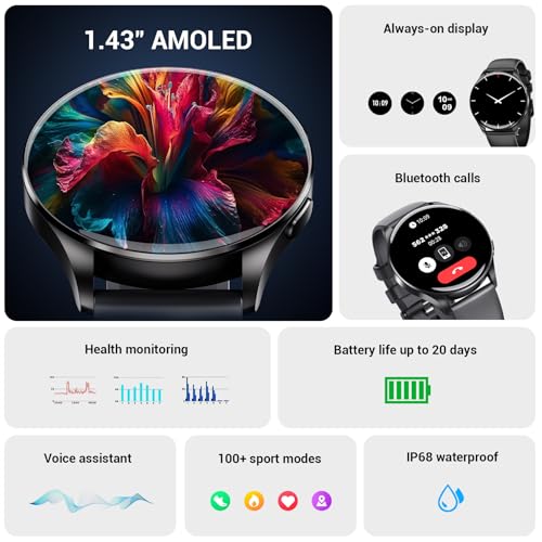 IOWODO Smart Watch for Women Men, 1.43" AMOLED Ultra-Clear Screen Fitness Tracker with HeartRate/Sleep Monitor, 21Language...
