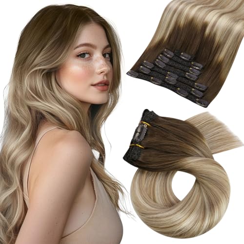 Moresoo Balayage Hair Extensions Clip in Real Human Hair Brown to Light Brown with Golden Blonde Ombre Clip in Extensions Human