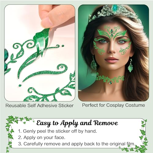 Itscolofy Green Face Jewels Stickers Halloween Ivy Costume, Glitter Green Face Gems Self Adhesive Glue Festival Makeup Cos...