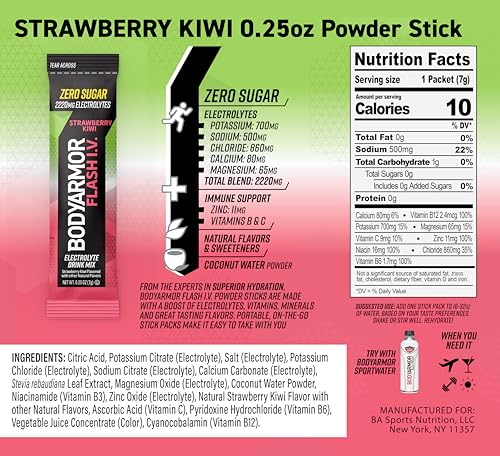 BODYARMOR Flash IV Electrolyte Packets, Strawberry Kiwi - Zero Sugar Drink Mix, Single Serve Packs, Coconut Water Powder (...